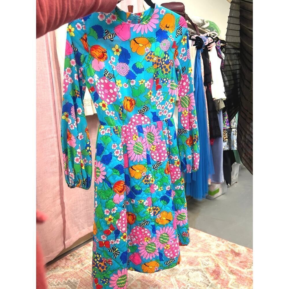 Vintage B. Cohen Blue, Pink, and Orange Floral 1950s-60s Union‎ Made Dress